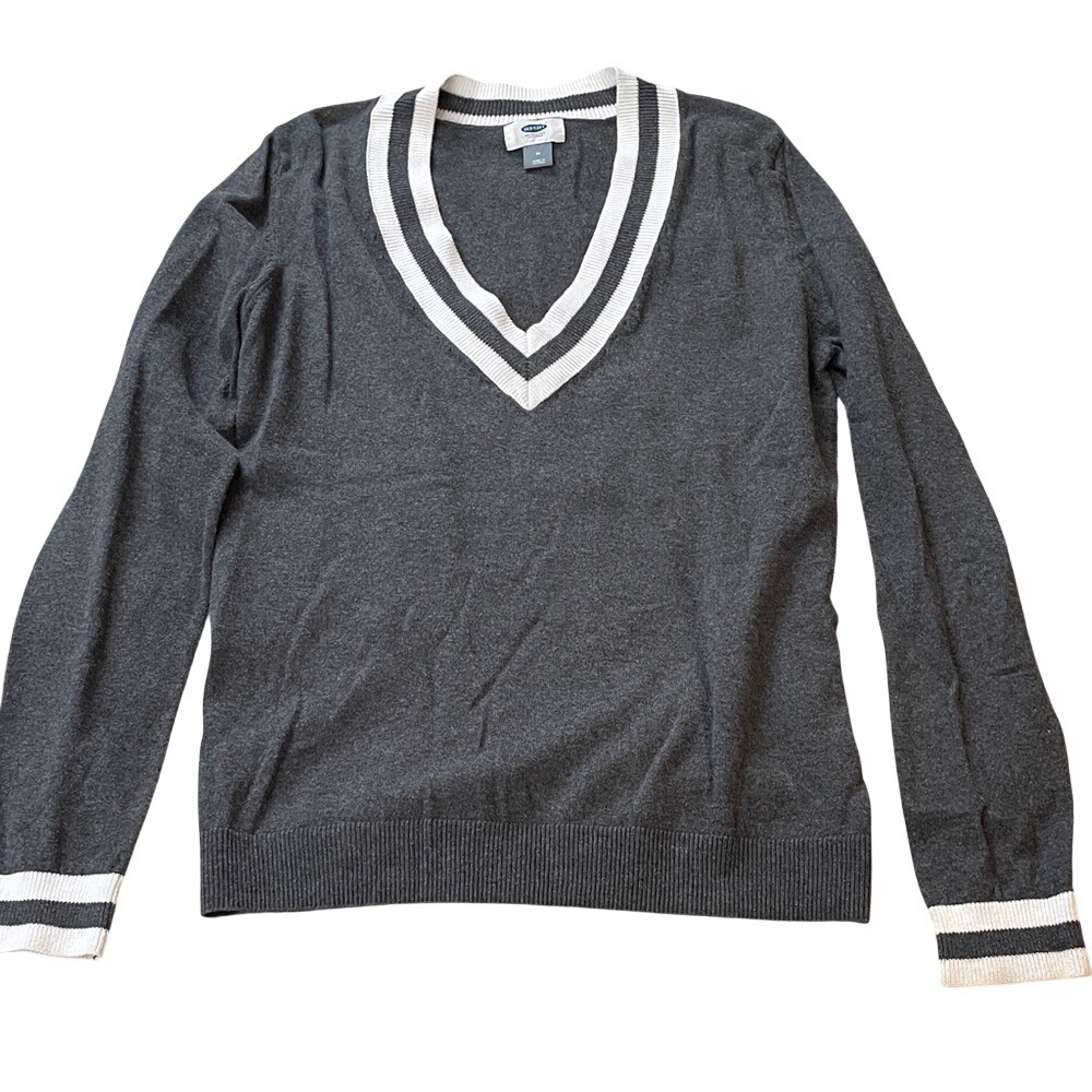Old Navy Womens Gray‎ Varsity V-Neck Sweater Striped Trim Size M